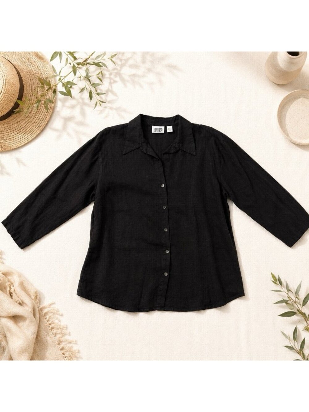 Chicos Design 100% Linen Black Button Down Shirt Womens Size 2 Large Resort Work